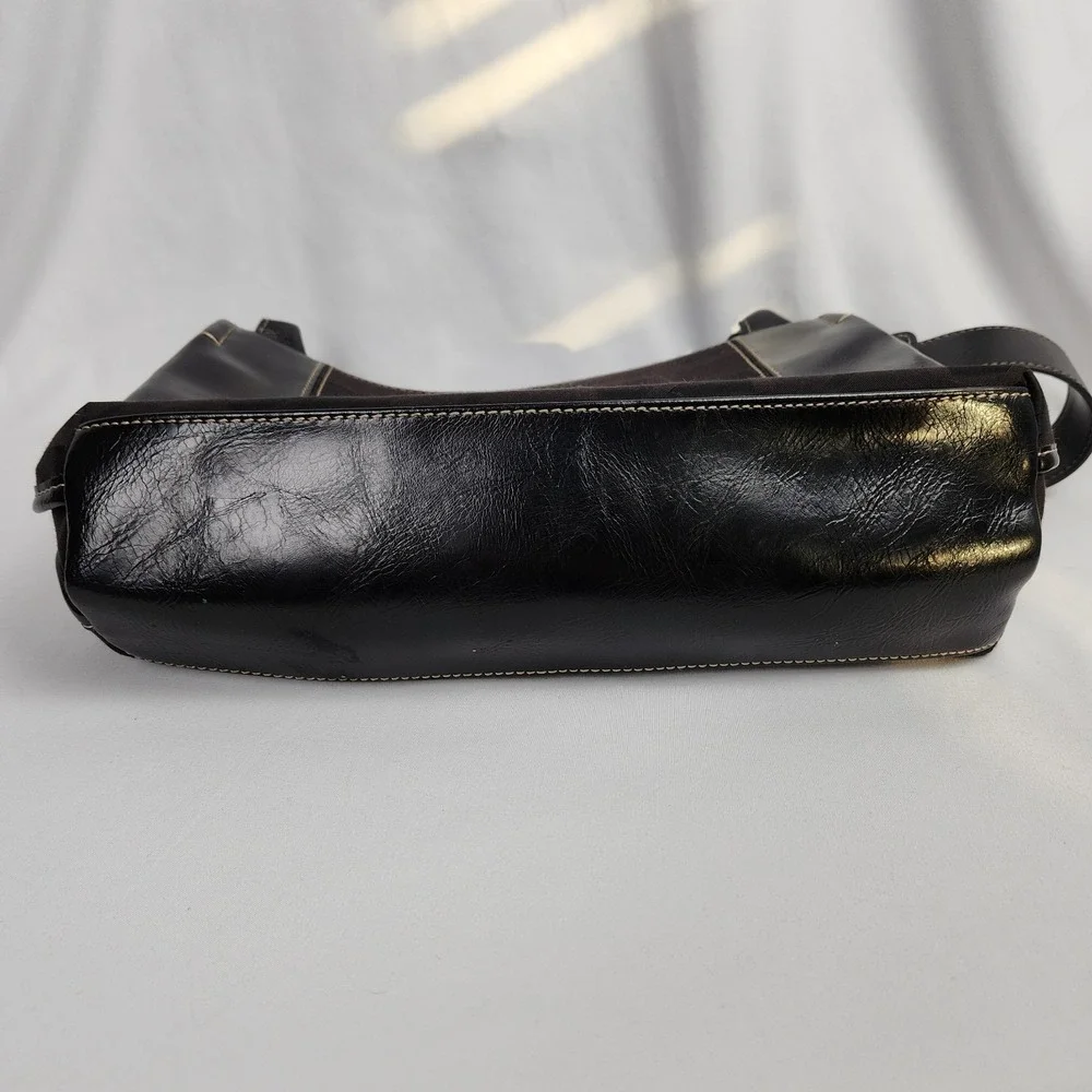 NINE & CO Black & Dark Brown Shoulderbag Print Cotton Faux Leather‎ tote buckle